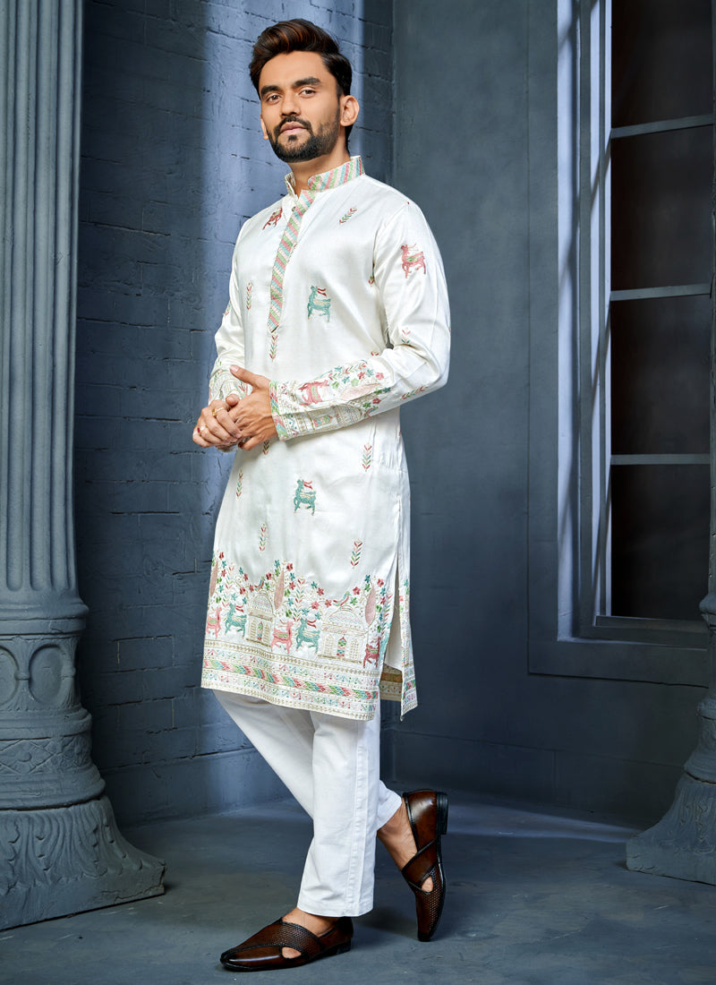 Off White Silk Kurta with Multi Thread Deer Pattern Embroidery