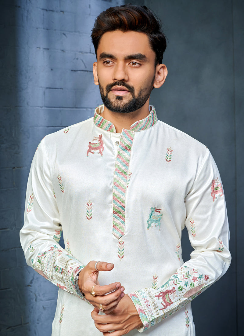 Off White Silk Kurta with Multi Thread Deer Pattern Embroidery