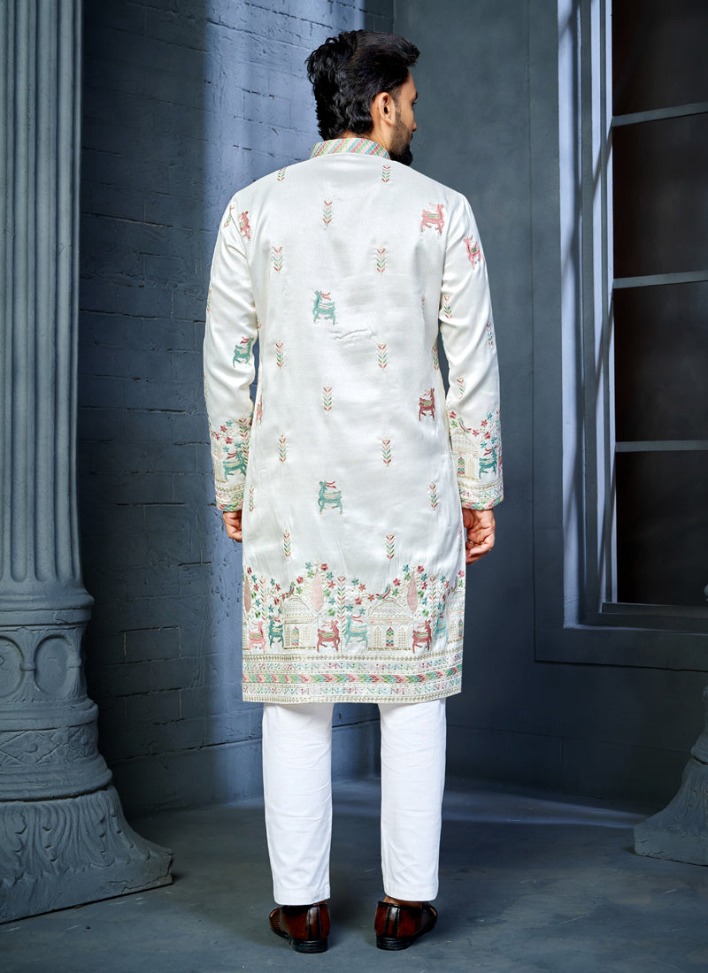 Off White Silk Kurta with Multi Thread Deer Pattern Embroidery