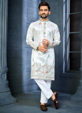 Off white A-line silk kurta with multi-thread deer embroidery on the hem