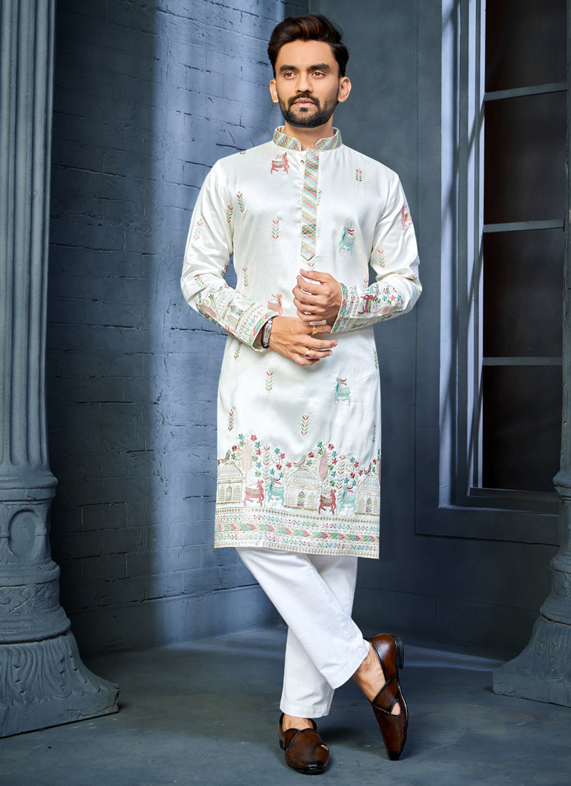 Off white A-line silk kurta with multi-thread deer embroidery on the hem