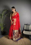 Joban Fashion Red Banarasi Cotton Silk Woven Saree