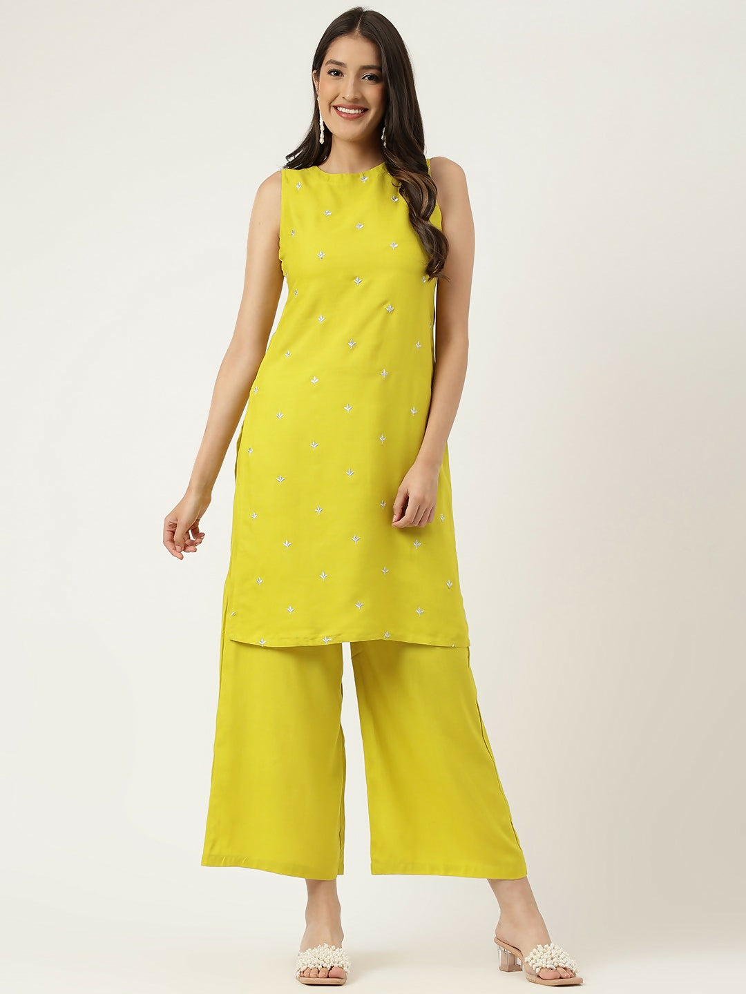 Mustard colored rayon straight kurta and matching pants with subtle embroidery