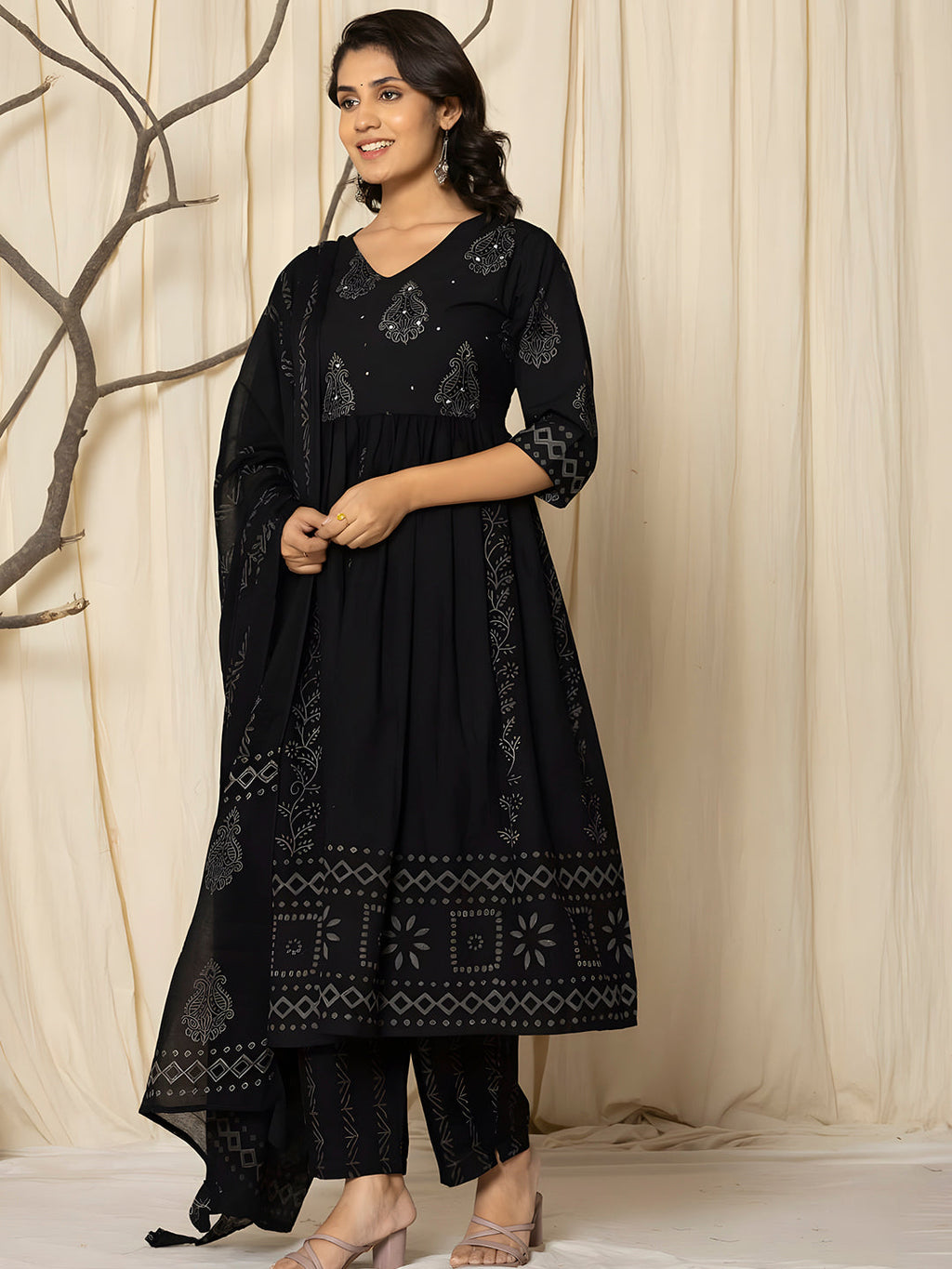 Printed Cotton Anarkali Kurta With Pant & Dupatta, Black - Hiral Fashion