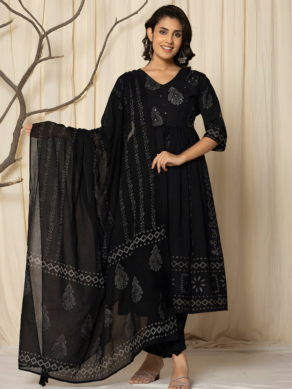 Printed Cotton Anarkali Kurta With Pant & Dupatta, Black - Hiral Fashion