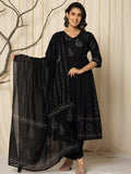 Printed Cotton Anarkali Kurta With Pant & Dupatta, Black - Hiral Fashion