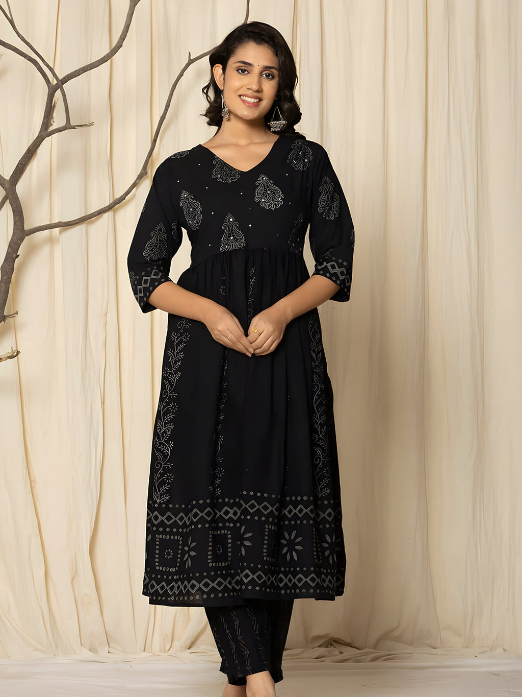Printed Cotton Anarkali Kurta With Pant & Dupatta, Black - Hiral Fashion