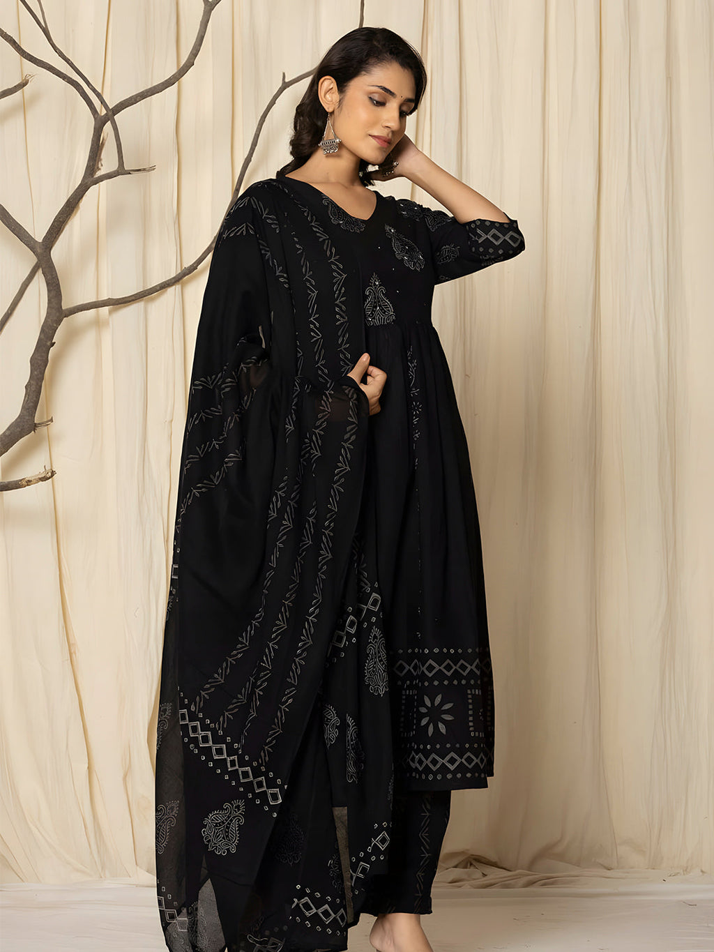 Printed Cotton Anarkali Kurta With Pant & Dupatta, Black - Hiral Fashion