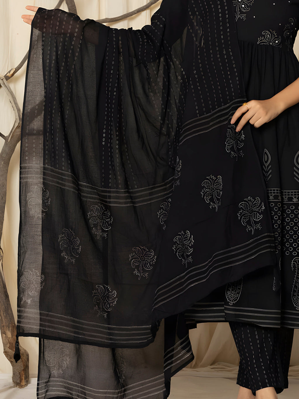 Printed Cotton Anarkali Kurta With Pant & Dupatta, Black - Hiral Fashion