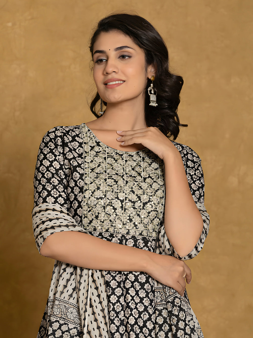 Printed Cotton Anarkali Kurta Set with Pant and Dupatta