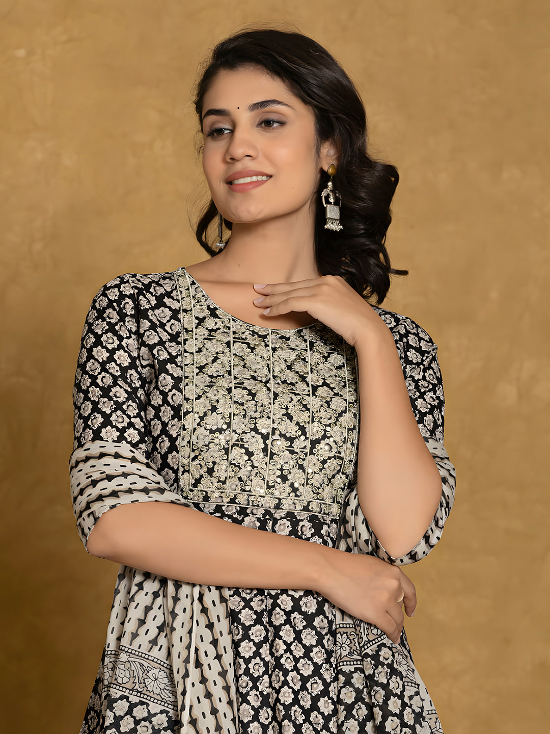 Printed Cotton Anarkali Kurta Set with Pant and Dupatta