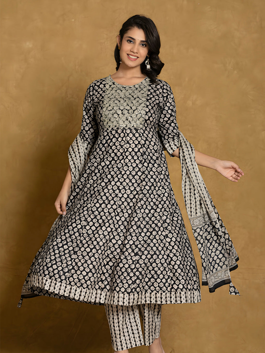 Printed Cotton Anarkali Kurta Set with Pant and Dupatta