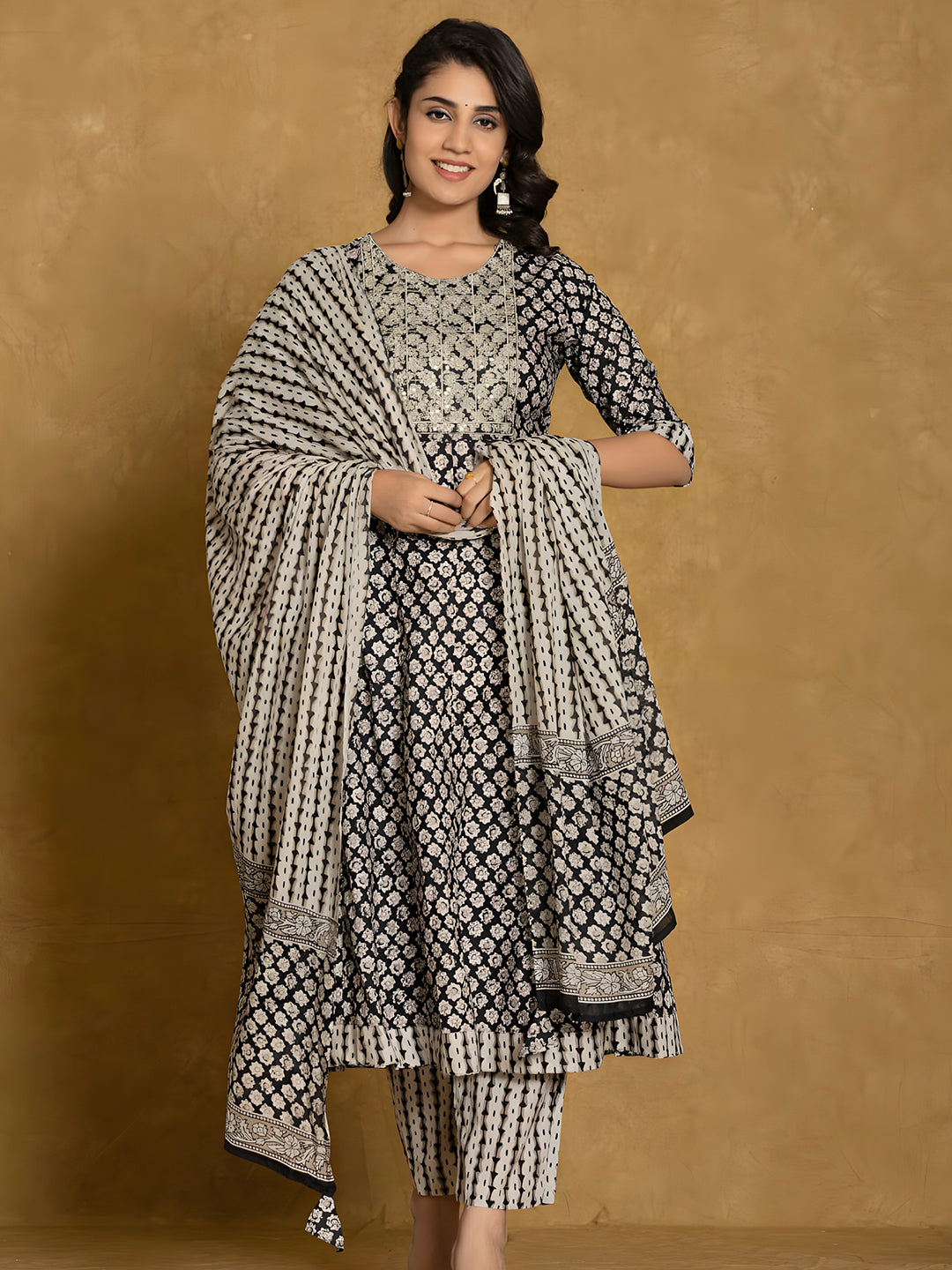 Black printed cotton Anarkali kurta with 3/4th sleeves, matching pant, and dupatta