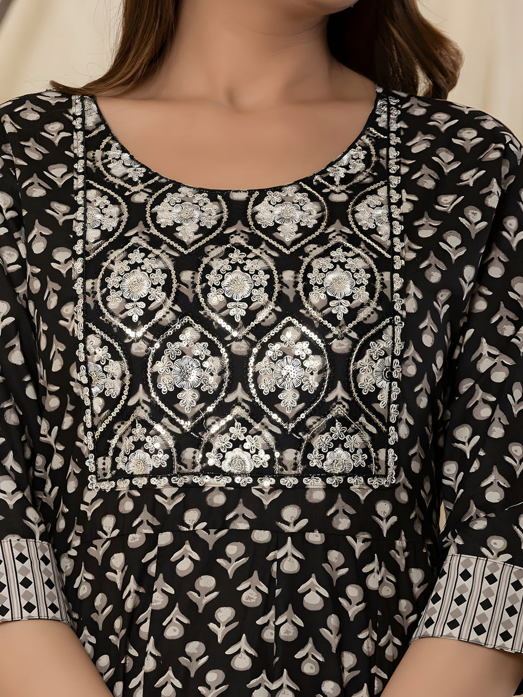 Black Printed Cotton Anarkali Kurta Set with Pant and Dupatta