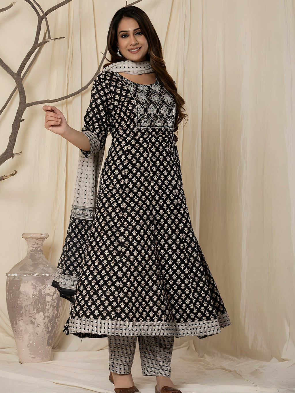 Black Printed Cotton Anarkali Kurta Set with Pant and Dupatta