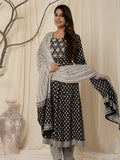 Black printed cotton Anarkali kurta set with matching trousers and dupatta