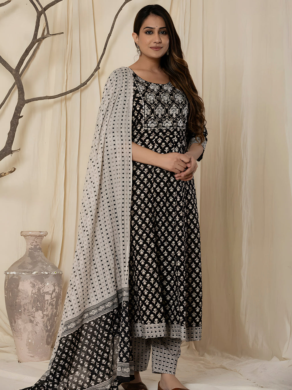 Black Printed Cotton Anarkali Kurta Set with Pant and Dupatta