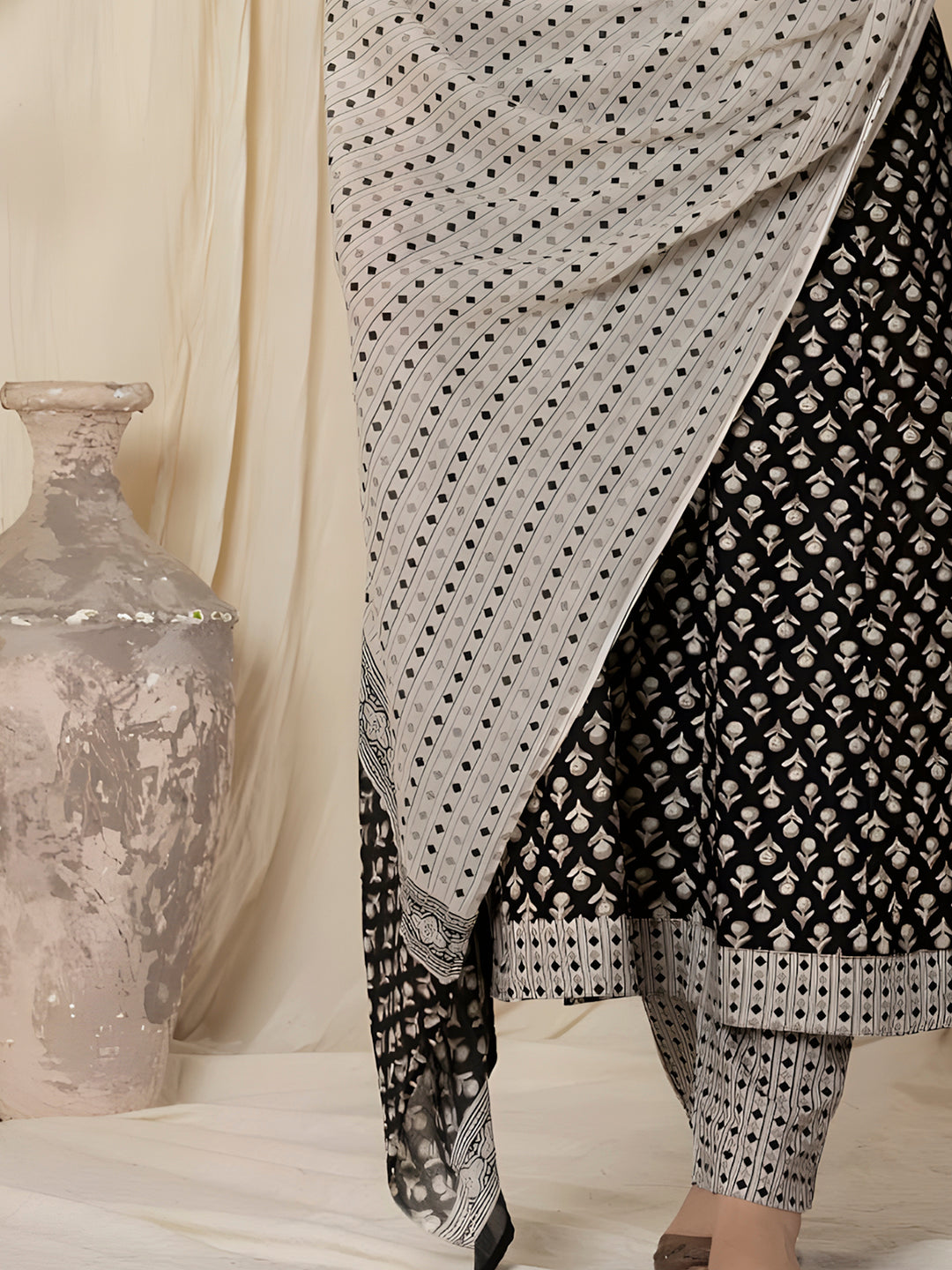 Black Printed Cotton Anarkali Kurta Set with Pant and Dupatta
