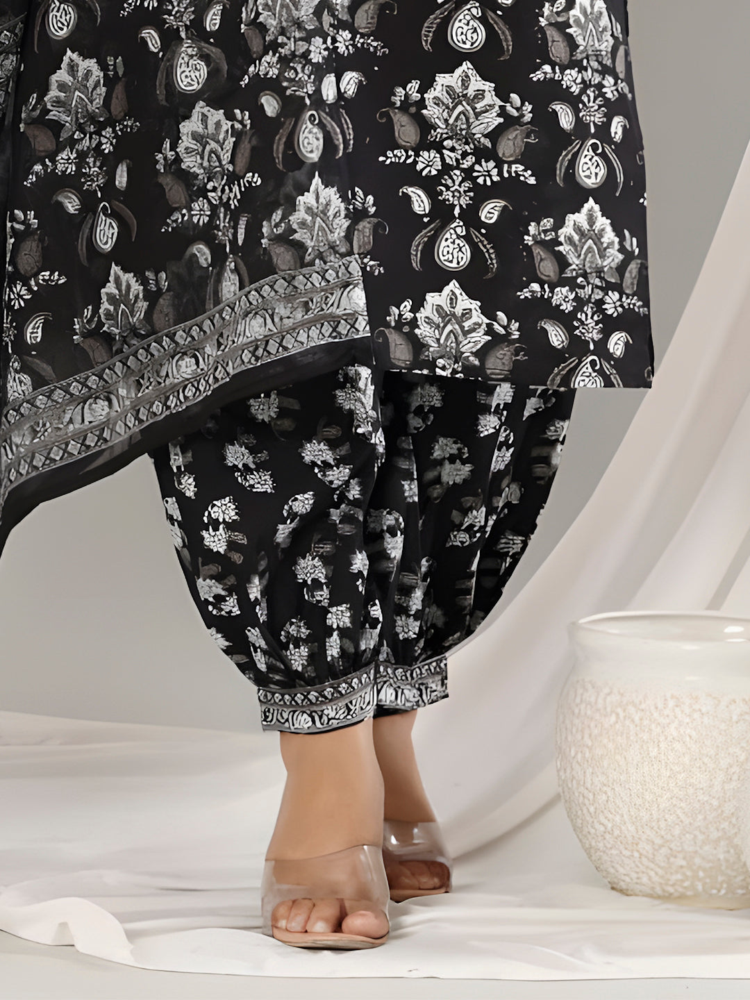 Printed Cotton Straight Kurta With Pant & Dupatta, Black - Hiral Fashion