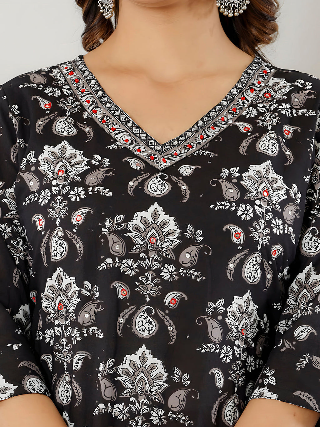 Printed Cotton Straight Kurta With Pant & Dupatta, Black - Hiral Fashion