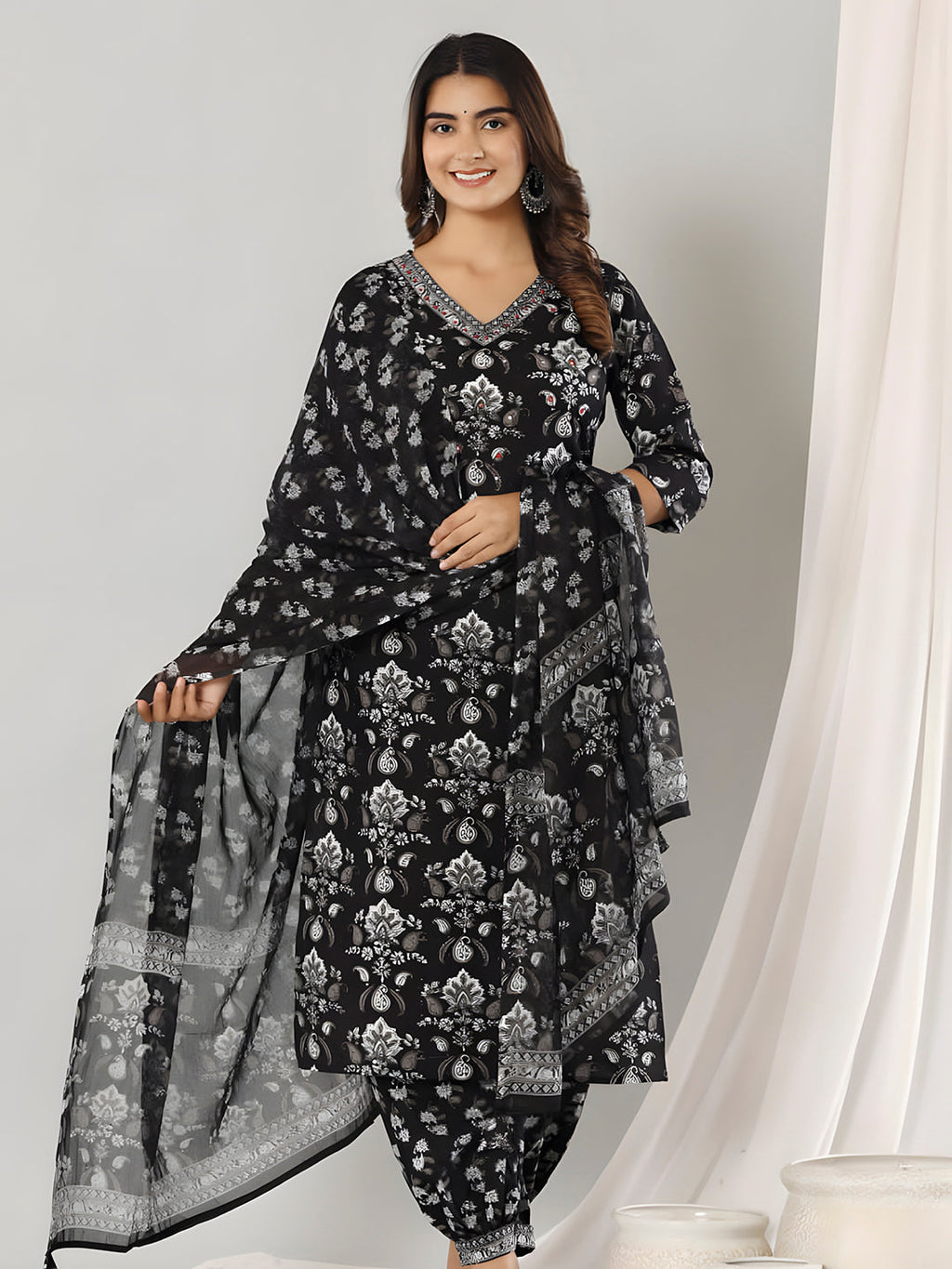 Printed Cotton Straight Kurta With Pant & Dupatta, Black - Hiral Fashion