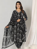 Printed Cotton Straight Kurta With Pant & Dupatta, Black - Hiral Fashion