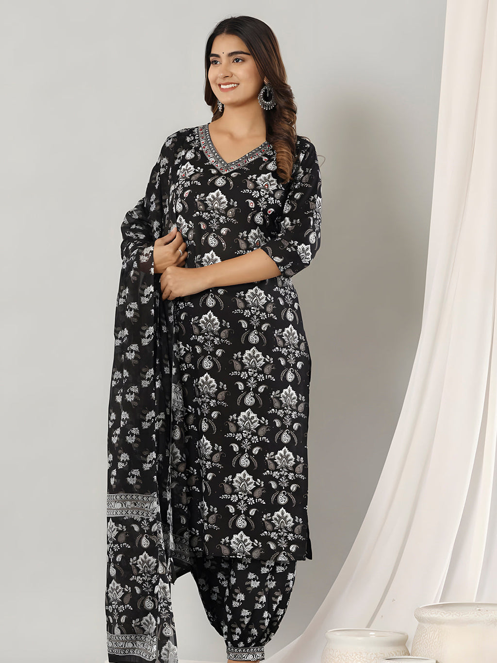 Printed Cotton Straight Kurta With Pant & Dupatta, Black - Hiral Fashion