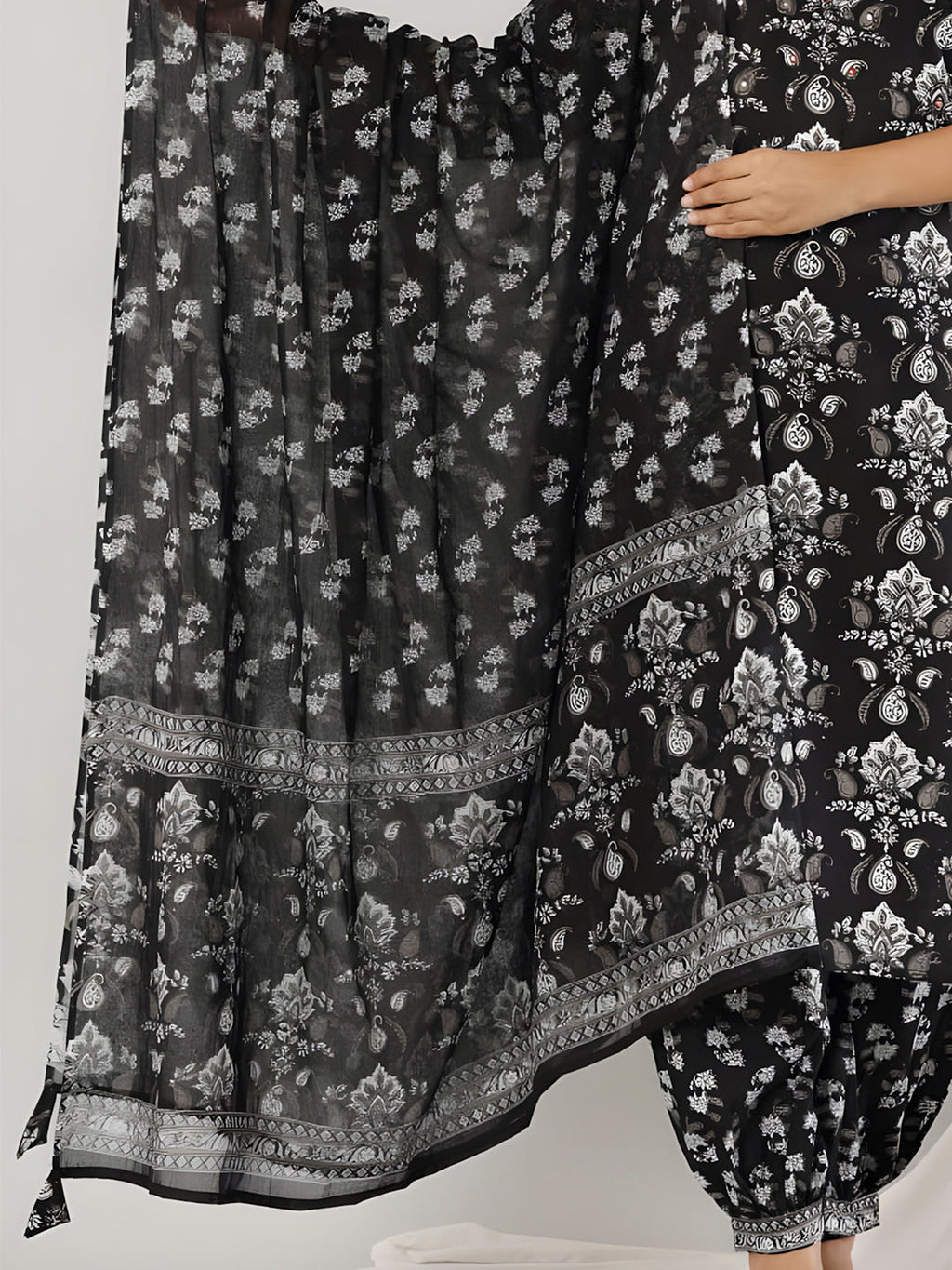 Printed Cotton Straight Kurta With Pant & Dupatta, Black - Hiral Fashion