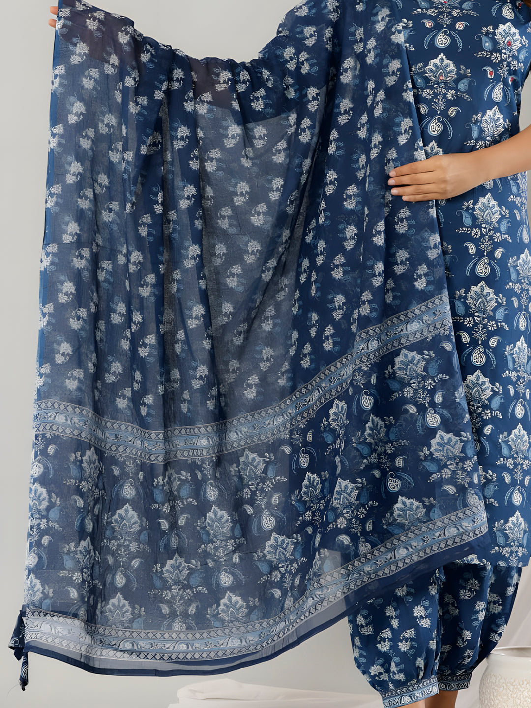 Blue Printed Cotton Straight Kurta Set with Pant & Dupatta