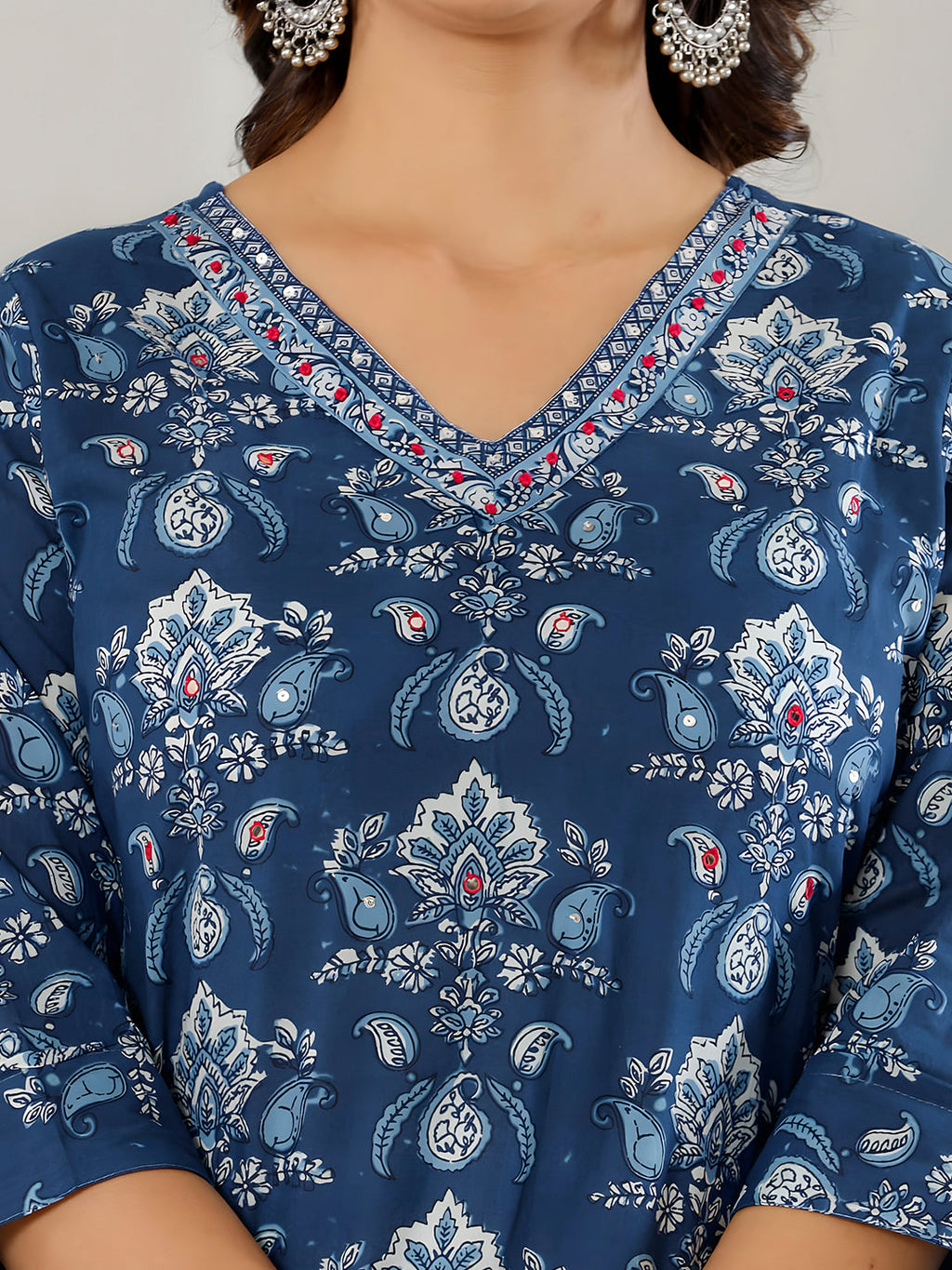 Blue Printed Cotton Straight Kurta Set with Pant & Dupatta