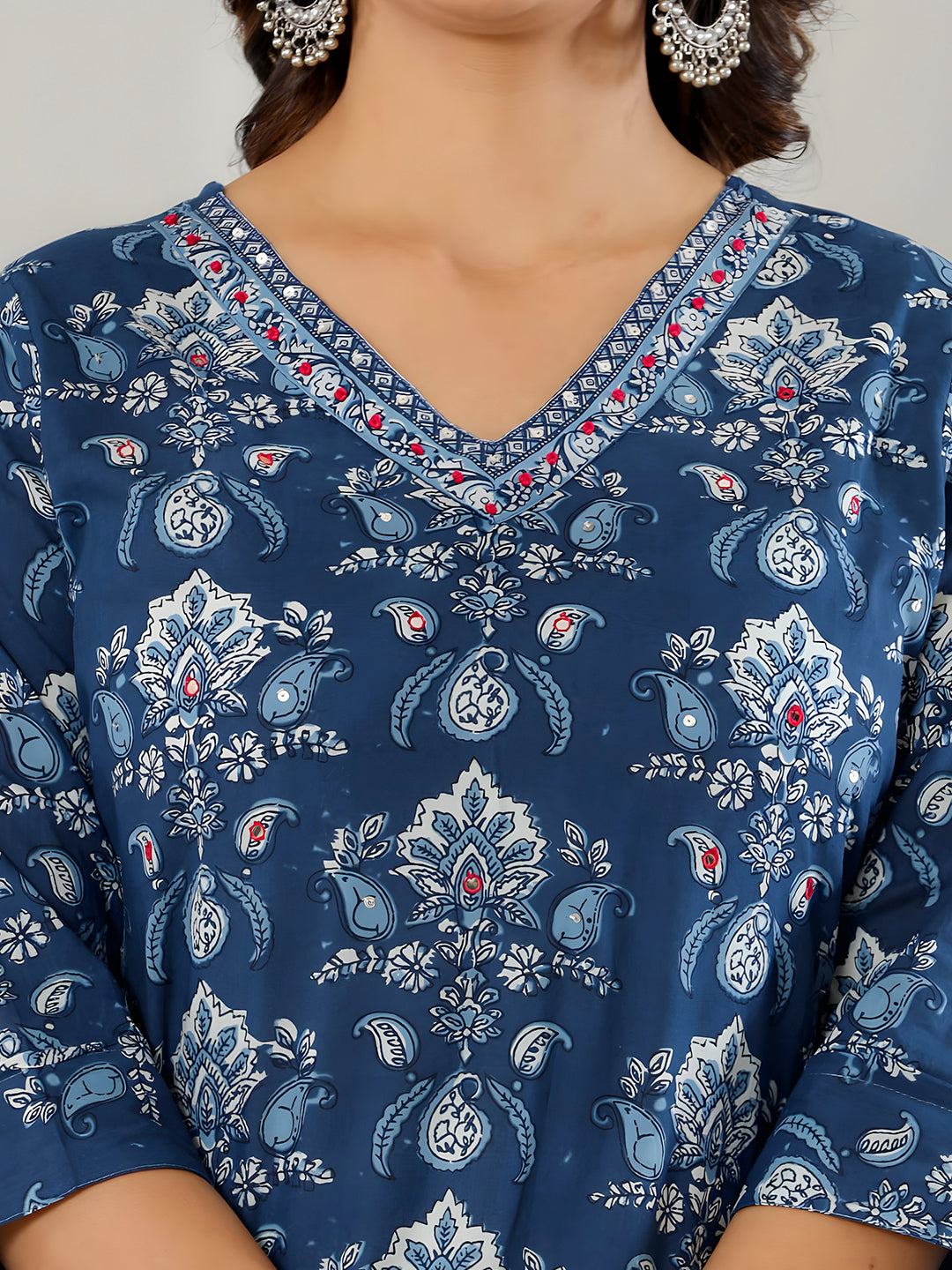 Blue Printed Cotton Straight Kurta Set with Pant & Dupatta
