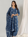 Blue printed cotton straight kurta set with matching trousers and dupatta
