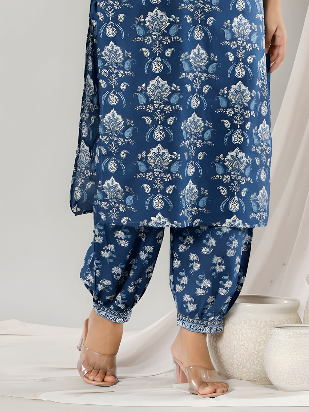 Blue Printed Cotton Straight Kurta Set with Pant & Dupatta