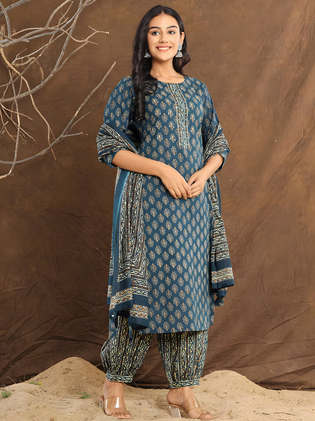 Blue Printed Cotton Straight Kurta Set with Dupatta