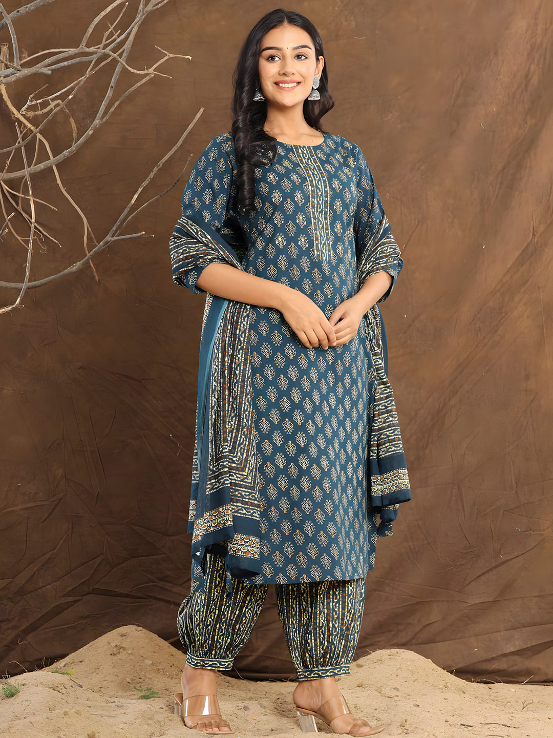 Blue Printed Cotton Straight Kurta Set with Dupatta