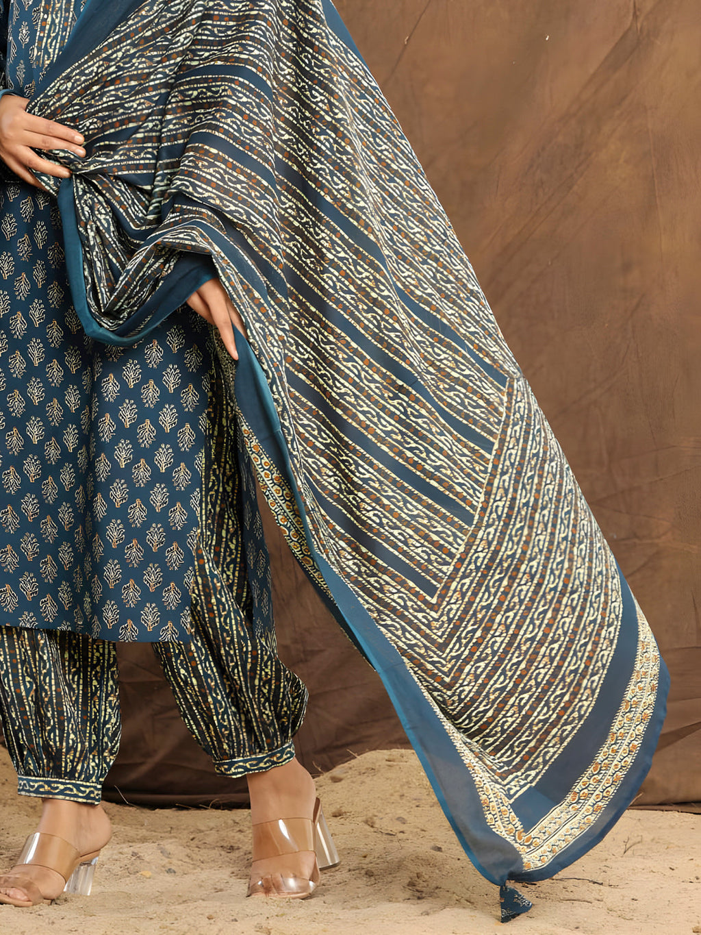 Blue Printed Cotton Straight Kurta Set with Dupatta