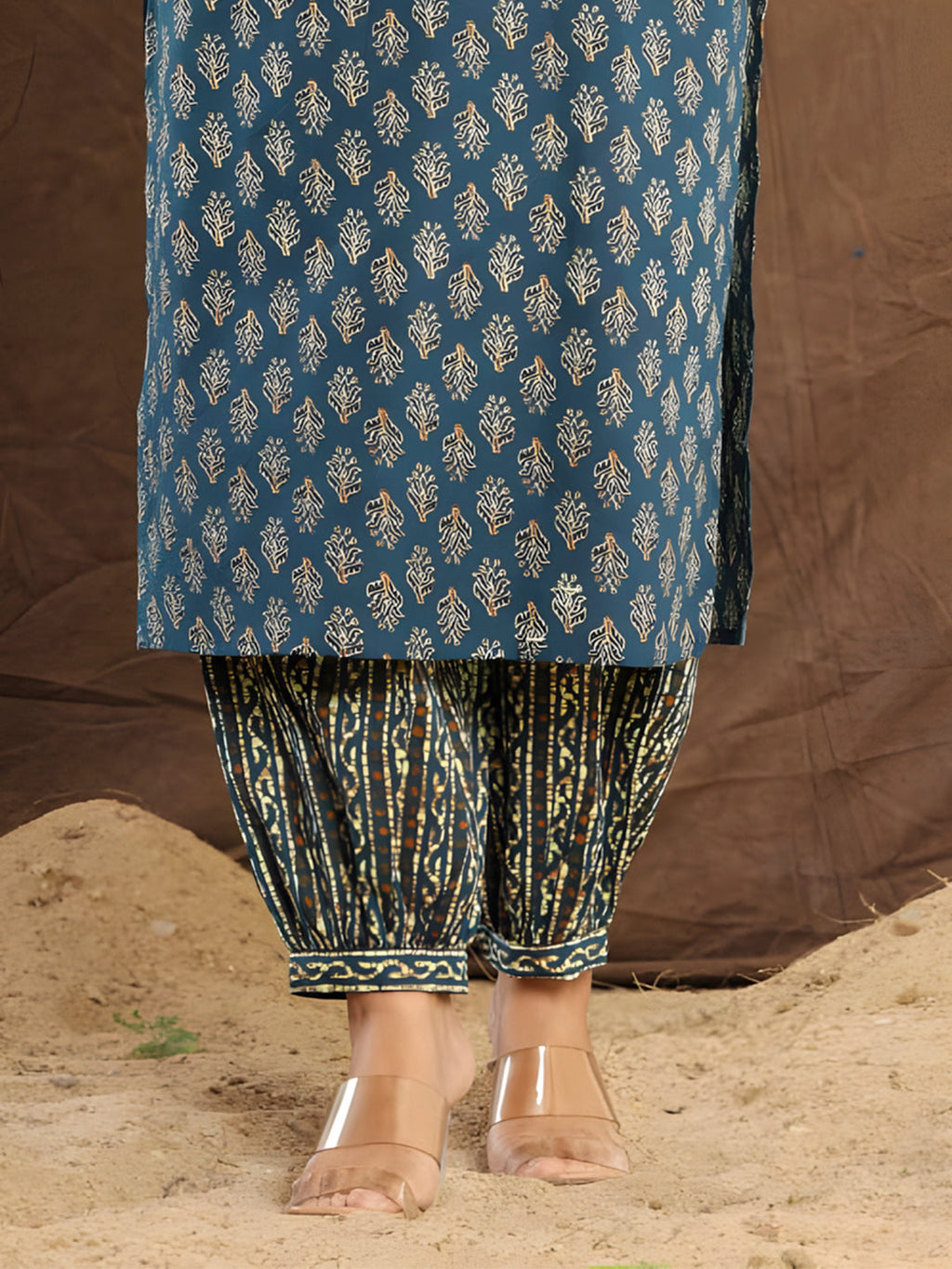 Blue Printed Cotton Straight Kurta Set with Dupatta