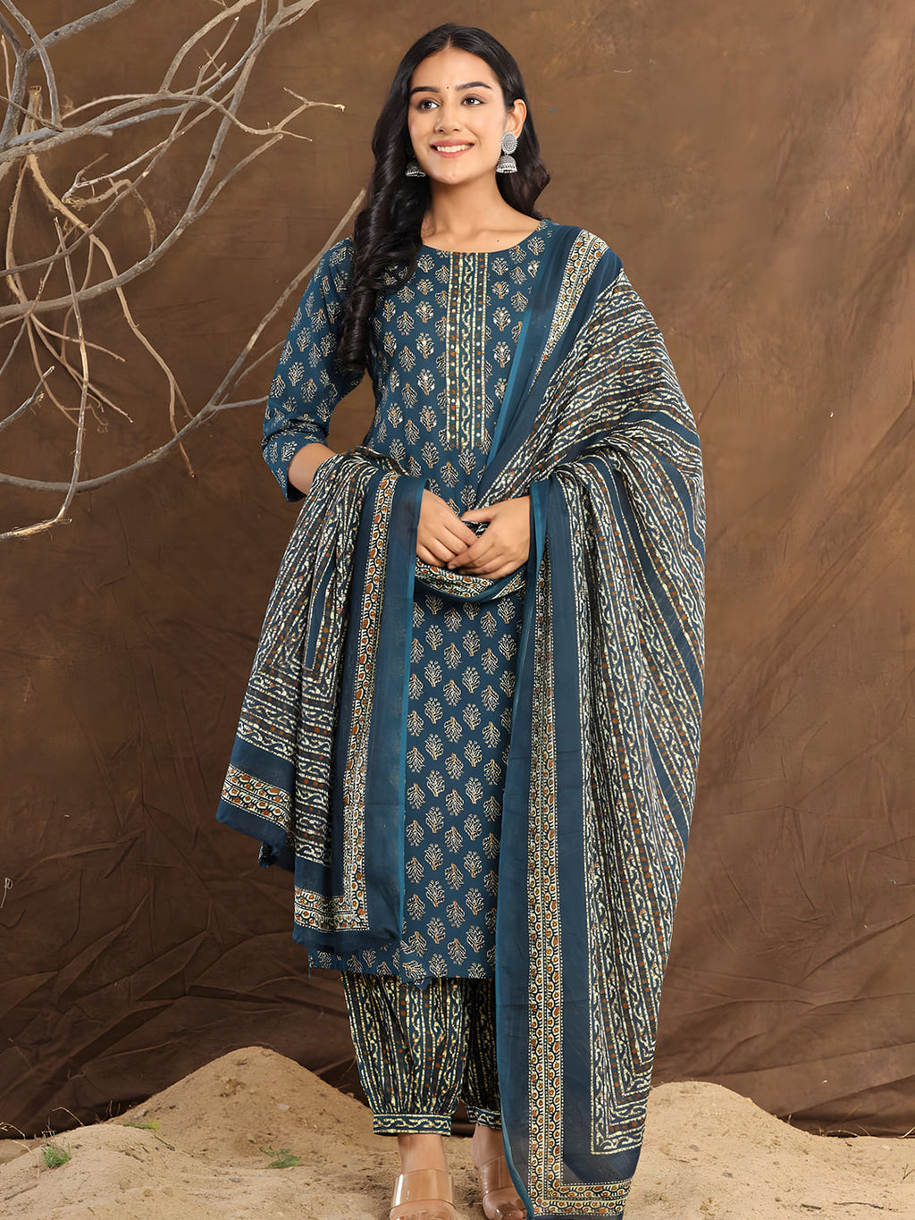 Blue Printed Cotton Straight Kurta Set with Dupatta