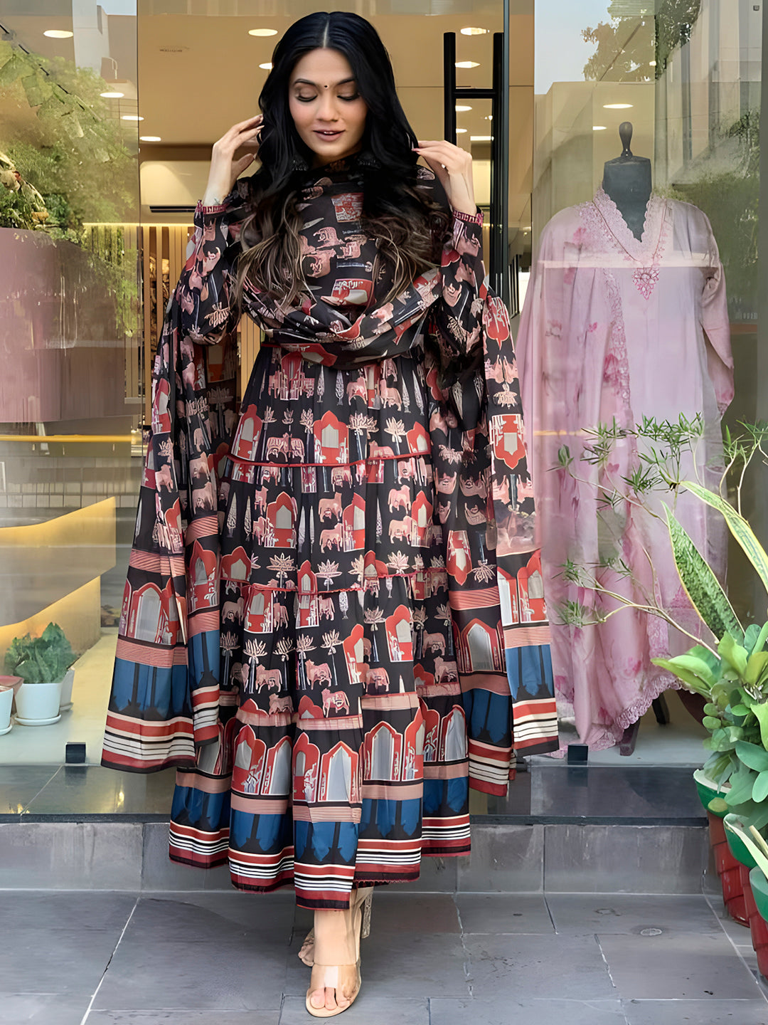 Black Printed Flared Anarkali Kurta Set with Pant and Dupatta