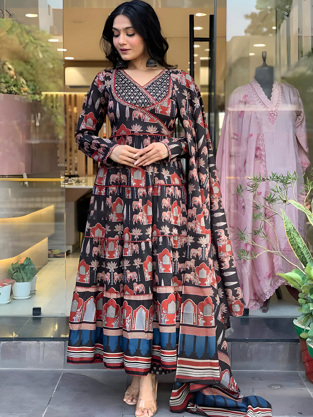 Black Printed Flared Anarkali Kurta Set with Pant and Dupatta