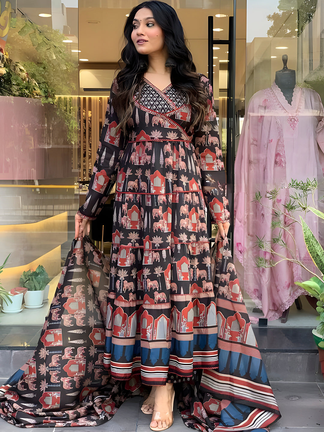 Black flared Anarkali kurta with matching pants and dupatta in cotton fabric