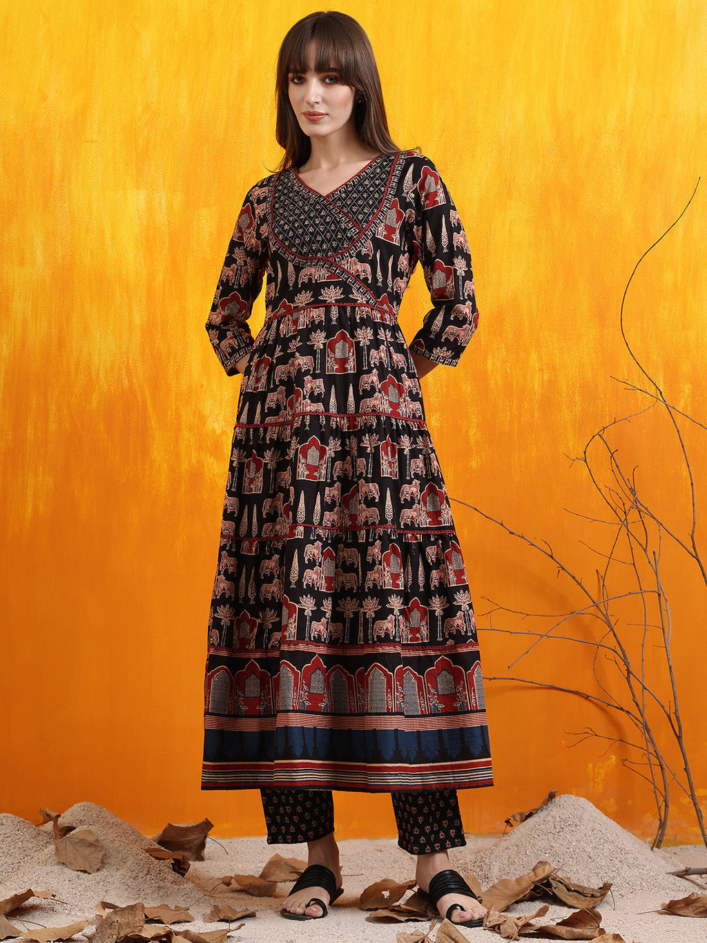 Printed Designer Neck Flared Anarkali Kurta With Pant & Dupatta, Black - Hiral Fashion