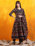 Printed Designer Neck Flared Anarkali Kurta With Pant & Dupatta, Black - Hiral Fashion