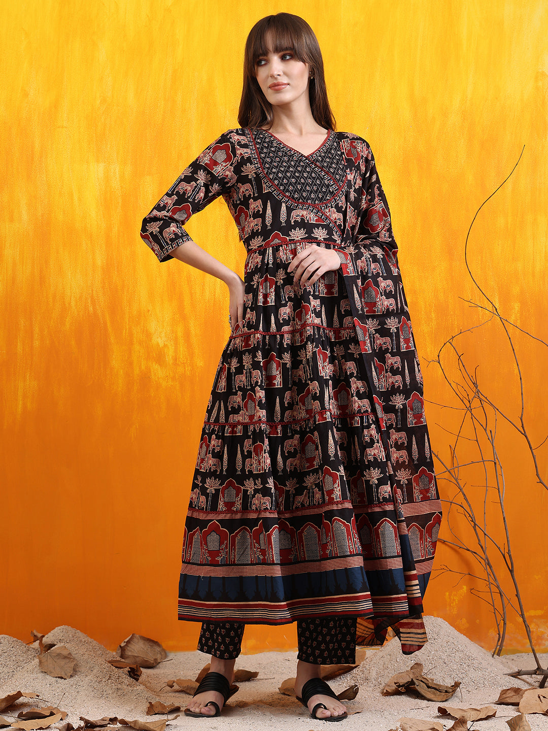 Printed Designer Neck Flared Anarkali Kurta With Pant & Dupatta, Black - Hiral Fashion