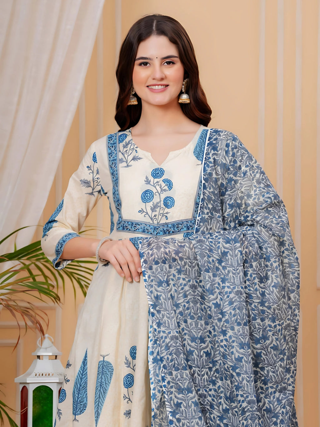 Aqua-Blue Printed Flared Anarkali Kurta Set with Dupatta