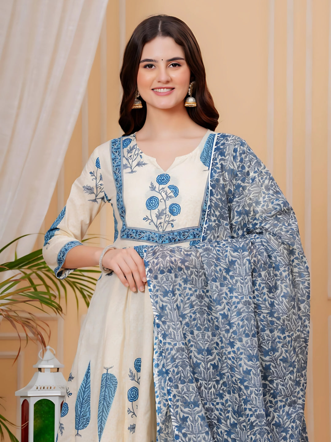 Aqua-Blue Printed Flared Anarkali Kurta Set with Dupatta