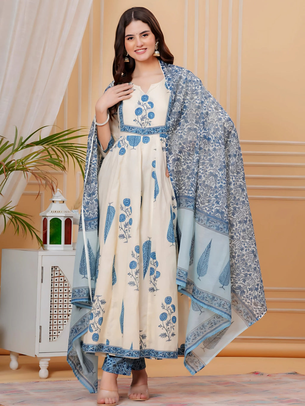 Aqua-Blue printed flared Anarkali kurta with designer neck detail, pants, and dupatta