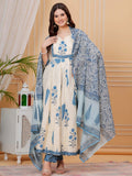 Aqua-Blue printed flared Anarkali kurta with designer neck detail, pants, and dupatta