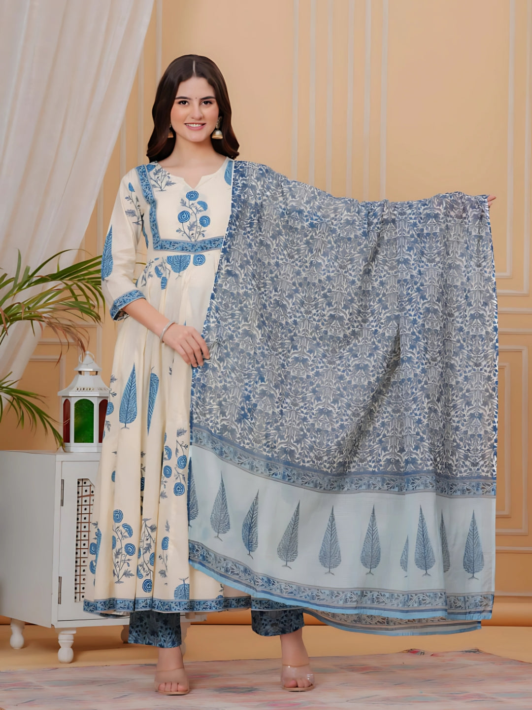 Aqua-Blue Printed Flared Anarkali Kurta Set with Dupatta