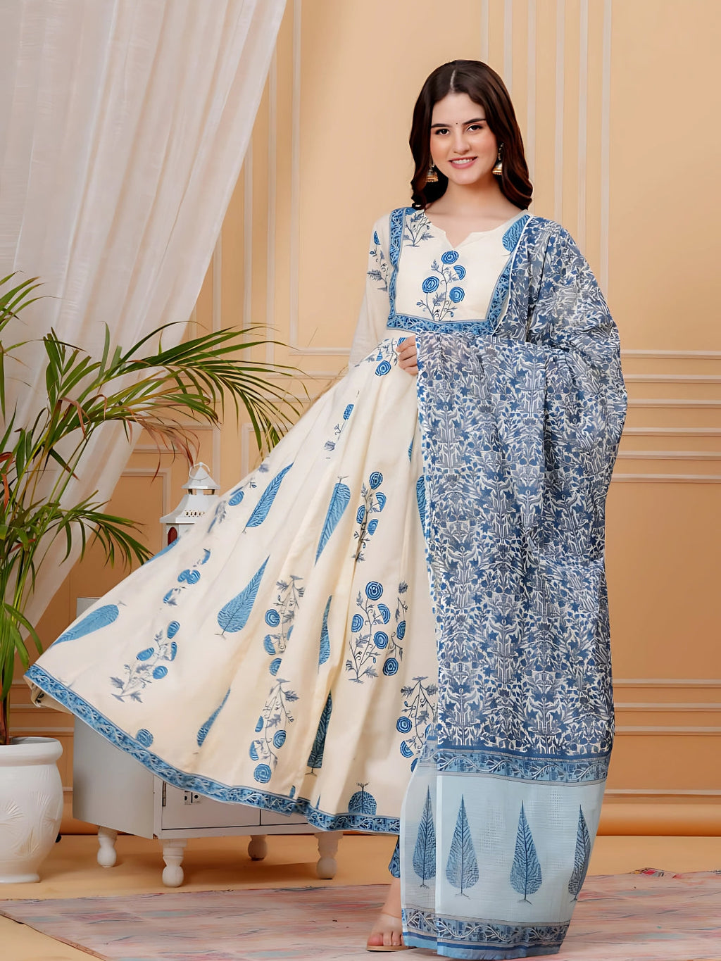 Aqua-Blue Printed Flared Anarkali Kurta Set with Dupatta